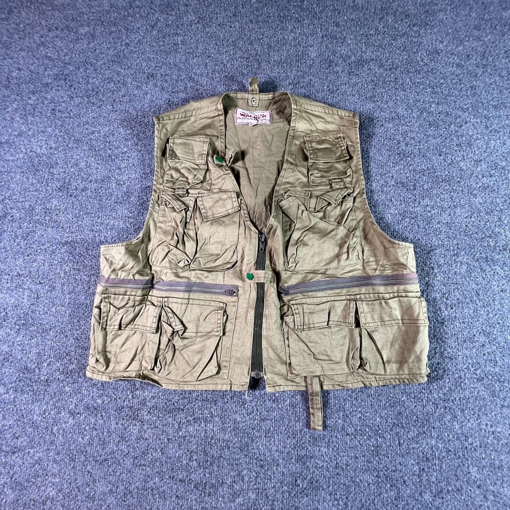 Vintage WALKER Ultimate Fishing Vest Mens Large Olive Green Multi Pocket Cargo